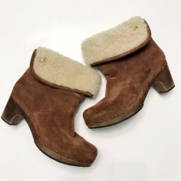 ugg | lynnea shearling cuff suede wooden heel platform boot cognac brown 8 - Picture 2 of 8